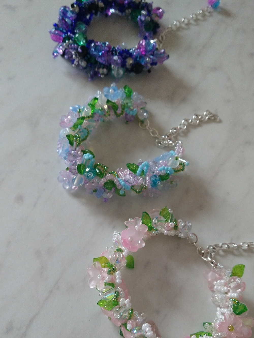 Artisan Hand Made Pink & Green Beaded Floral Bracelet